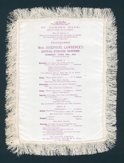 St Jamess Hall, Regent Street e Piccadilly, programa do concerto anual Miss Josephine Lawrences, 15 de junho de 1875 de English School