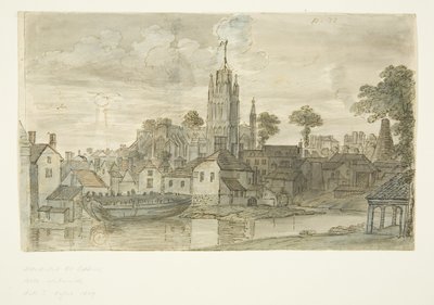 Igreja St Mary Redcliffe de Redcliffe Back (com caneta e desenho a tinta de leão no verso) (lápis e aguarela no papel) de English School