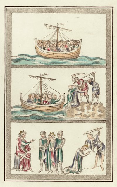Santa Úrsula com os seus companheiros virgens, Martírio de Santa Úrsula, Martírio de São Alban (gravura colorida) de English School