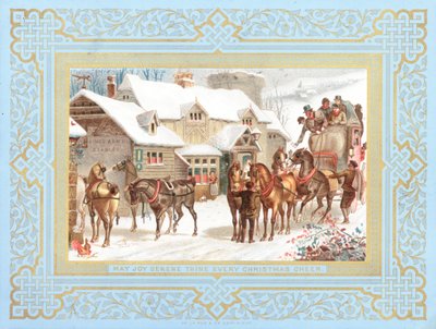 Stagecoach e cavalos fora do bar, cartão de Natal de English School