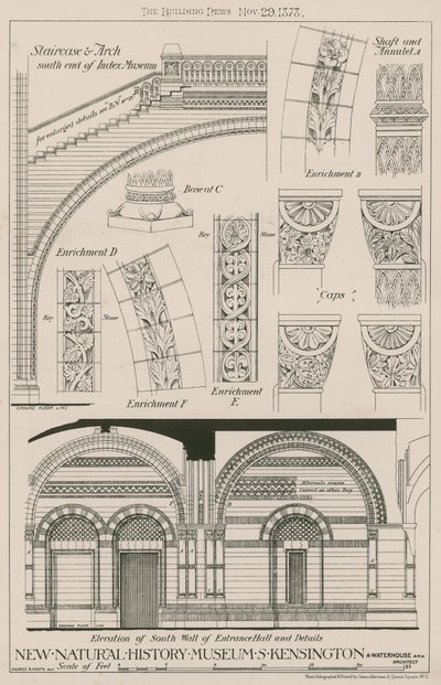 Escadaria e arco e elevação da parede sul do hall de entrada do novo Museu de História Natural, South Kensington de English School