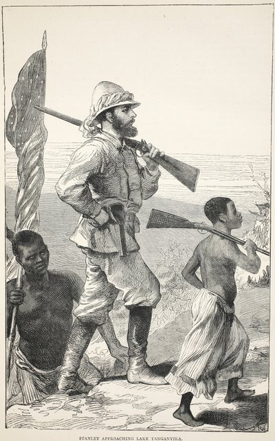 Stanley que aproxima o lago Tanganyika, ilustração da edição pictórica da vida e das descobertas de David Livingstone por J. Ewing Richie, bar. por A. Fullarton & Co., 1876 de English School