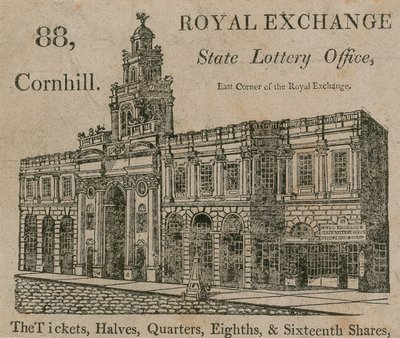 Escritório da Loteria do Estado, canto leste da Royal Exchange, 88 Cornhill, Londres de English School