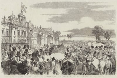 Abertura Estatal da Grande Exposição, Sua Majestade saindo do Palácio de Buckingham (gravura) de English School