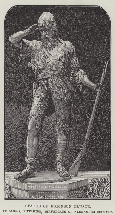 Estátua de Robinson Crusoe, em Largo, Fifeshire, Berço de Alexander Selkirk (gravura) de English School