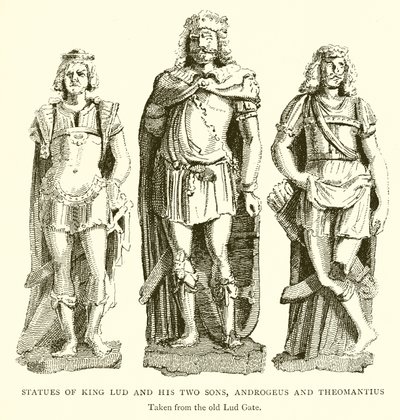 Estátuas do rei Lud e seus dois filhos, Androgeus e Theomantius de English School