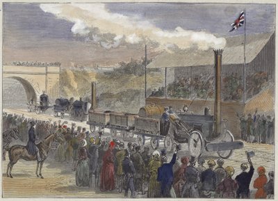 Stephensons Rocket chega em primeiro lugar na competição de locomotivas em Rainhill em 1829 de English School
