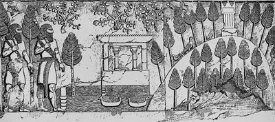 Baixo-relevo de pedra de um templo e colina artificial no parque de Sargão II em Khorsabad, c.715 aC de English School