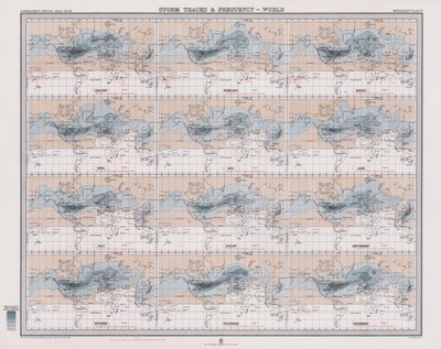Trajectos e frequência das tempestades, mundo (litografia a cores) de English School