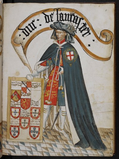 Stowe 594 f.8, Retrato de Henrique, Duque de Lancaster, um Cavaleiro Fundador da Ordem da Jarreteira, ilustração do 