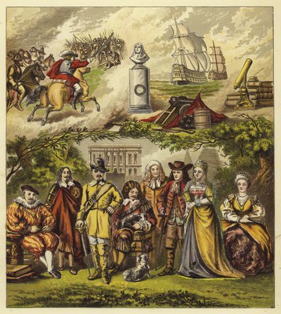 Stuarts, Commonwealth e House of Orange; Rei Jaime I, Rei Carlos I, Oliver Cromwell, Rei Carlos II, Rei Jaime II, Guilherme e Maria, Rainha Ana de English School