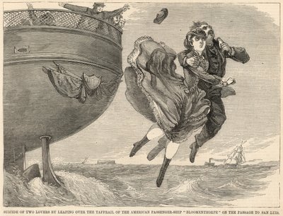 Suicídio de dois amantes saltando sobre o taffrail do navio de passageiros americano Bloomenthorpe de English School