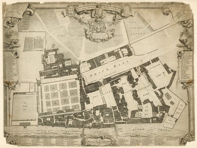 Levantamento e terreno do Palácio Real de Whitehall, 1680, com os alojamentos e apartamentos pertencentes a suas Majestades de English School