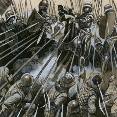 Soldados suíços derrotando o exército borgonhês em 1476-77 de English School