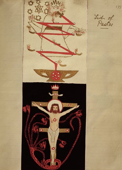 Desenhos simbólicos na tampa dos Pastos no cofre dos Adeptos, c.1895 (tinta colorida sobre papel) de English School