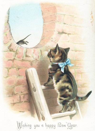 Gato malhado assistindo mouse fugir, cartão de ano novo de English School