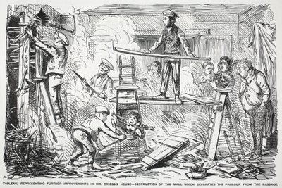 Tableau, representando novas melhorias para a casa de Mr. Briggss - destruição do muro que separa a sala da passagem, ilustração de Punch de English School
