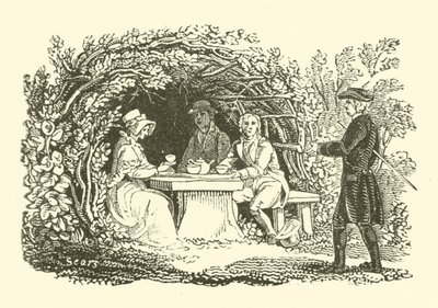 Tomar chá no jardim (xilogravura) de English School