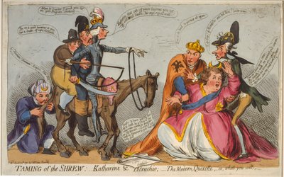 Domesticação da megera: Katharine e Petruchio; O moderno Quixotte, ou, o que você quiser, 1791 (gravura à mão colorida) de English School