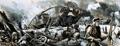 Os tanques apareceram pela primeira vez durante a Primeira Guerra Mundial (guache no papel) de English School