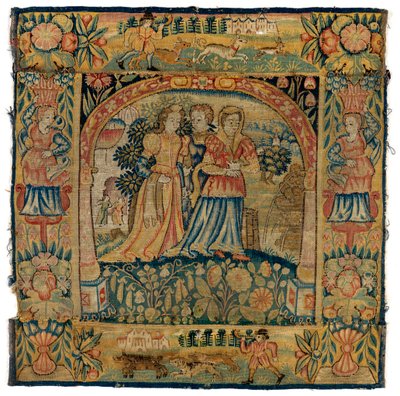 Capa de almofada em tapeçaria representando Susannah a caminho do banho, fabricada em Sheldon, Inglaterra, depois de 1600 (lã) de English School