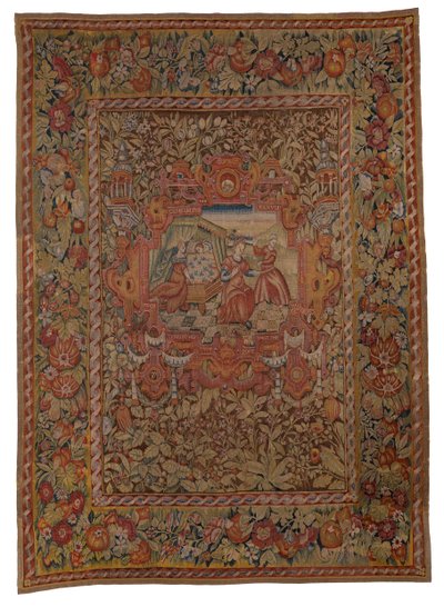 Tapeçaria pendurada no conjunto de Chastleton House, nascimento de Pharez e Zarah, os filhos de Judá e Tamas, do Génesis XXXVIII, feita em Sheldon, Inglaterra, c.1595 (lã) de English School