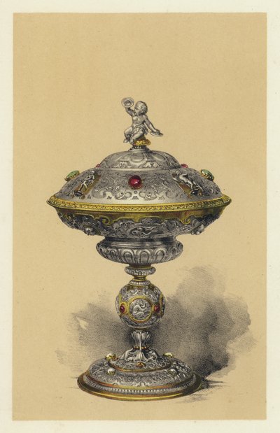 Tazza, com tampa, em prata cravejada de jóias (cromolitho) de English School