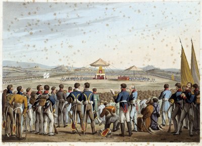 Te deum no campo de batalha em "Historical, military and naval anecdotes and incidents that arrived at the arms of Britain and their allies, ending at Waterloo" de Edward Orme. Ilustrado por Fry, Sutherland, Clark, Dubourg, W.Heart, JA, Atkinson... Ed. 181 de English School