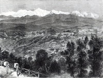 Cultivo de chá na Índia Britânica - Vista de Darjeeling do Sul, 1876 de English School