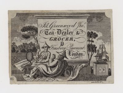 Negociante de chá e merceeiro, James Greenwood, cartão de comércio de English School