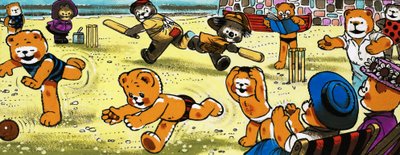 Ursos de pelúcia jogando críquete na praia de English School
