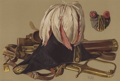 Telescópio do Duque de Wellington, e a espada e o chapéu usados por ele em Waterloo (chromolitho) de English School