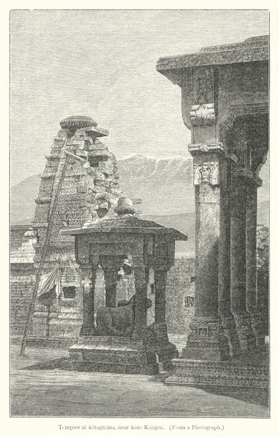 Templos em Kiragrama, perto de Kote Kangra (gravura) de English School