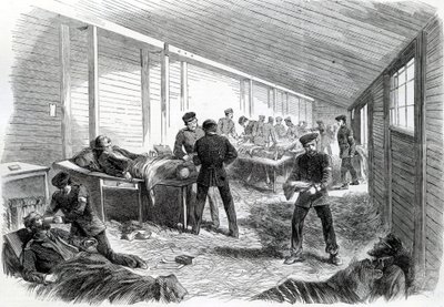 Hospital de campo temporário atrás do segundo paralelo prussiano em Dueppel, 1864 de English School