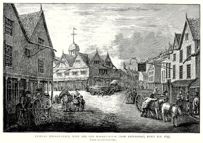 Praça do mercado de Tetbury, com a antiga casa do mercado (atualmente destruída), construída em 1655 d.C. (gravura) de English School