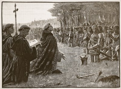 Ação de Graças do Exército Inglês após a Batalha de Agincourt, 25 de outubro de 1415, ilustração da História Ilustrada de Cassells da Inglaterra (foto sépia) de English School