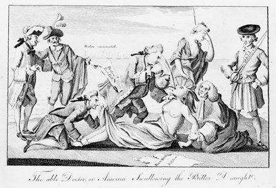 The Able Doctor, ou America Swallowing the Bitter Draft, publicado na London Magazine, 1 de maio de 1774 (papel de jornal) de English School