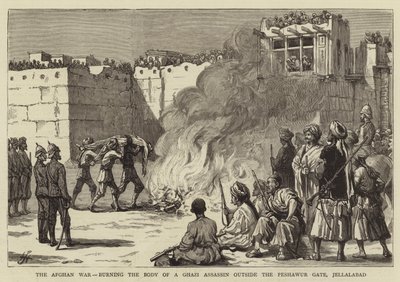 A Guerra do Afeganistão, queimando o Corpo de um Assassino Ghazi fora da Porta de Peshawur, Jellalabad (gravura) de English School