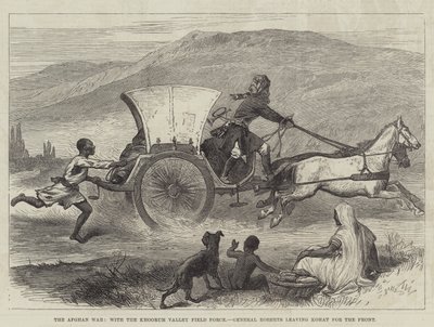 A Guerra do Afeganistão, com a Força de Campo de Khoorum Valley, General Roberts deixando Kohat para a Frente (gravura) de English School
