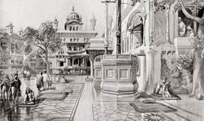O complexo de Akal Takht ou Akal Bunga, Harmandir Sahib (Templo Dourado), Amritsar, Punjab, Índia, em 1864, da History of the Nations de Hutchinson, pub.1915 de English School