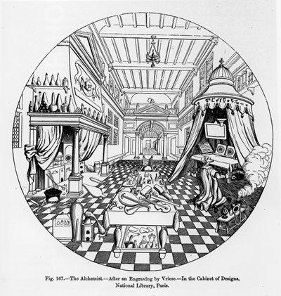 O Alquimista, depois de uma gravura de Vriese, ilustração da Ciência e Literatura da Idade Média e do Renascimento, escrita e gravada por Paul Lacroix, 1878 de English School