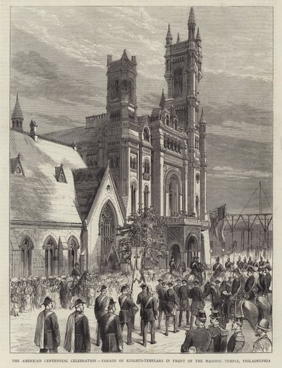 Celebração do Centenário Americano, Desfile de Cavaleiros-Templários em Frente ao Templo Maçónico, Filadélfia (gravura) de English School