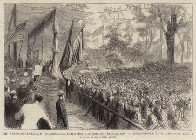 As Celebrações do Centenário Americano, exibindo a Declaração Original da Independência na Filadélfia, 4 de Julho (gravura) de English School