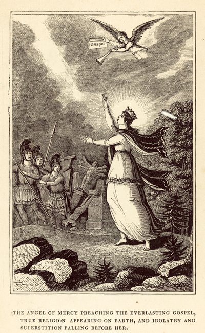 O Anjo da Misericórdia pregando o Evangelho Eterno, a Verdadeira Religião aparecendo na Terra (gravura) de English School