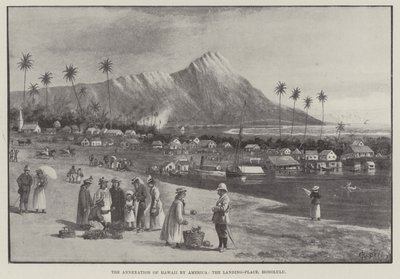 A anexação do Havaí pela América, o Landing-Place, Honolulu (gravura) de English School