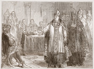 Os arcebispos de York e Canterbury antes do parlamento na abadia de Westminster, ilustração da história do protestantismo por James Aitken Wylie (1808-1890), bar. 1878 de English School