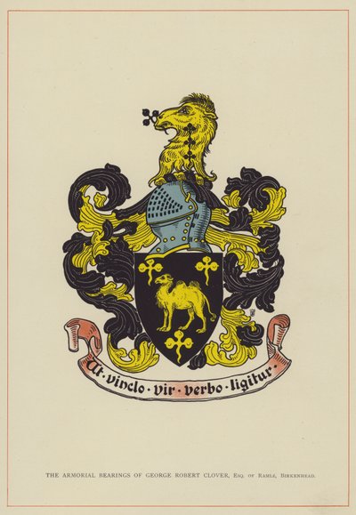 O brasão de armas de George Robert Clover, escudeiro de Ramle, Birkenhead (litografia a cores) de English School