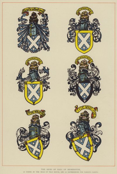 Os Braços de Haig de Bemersyde, como carregado pelo chefe daquela casa, e como diferido para vários cadetes (cor litho) de English School