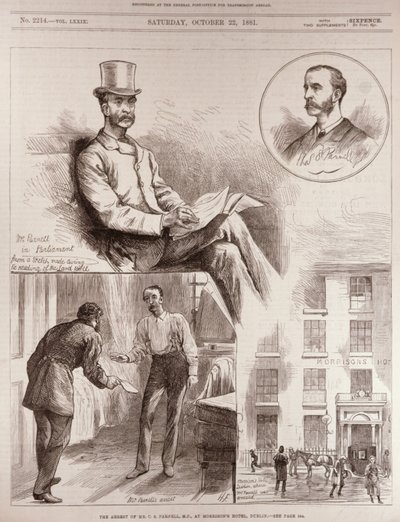 A prisão do Sr. CS Parnell, MP, no Morrison&39;s Hotel, em Dublin, de "The Illustrated London News", 22 de outubro de 1881 de English School