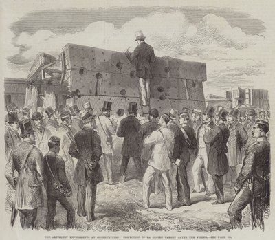 As Experiências de Artilharia na Shoeburyness, Inspecção do Alvo de La Gloire após a Queima (gravura) de English School